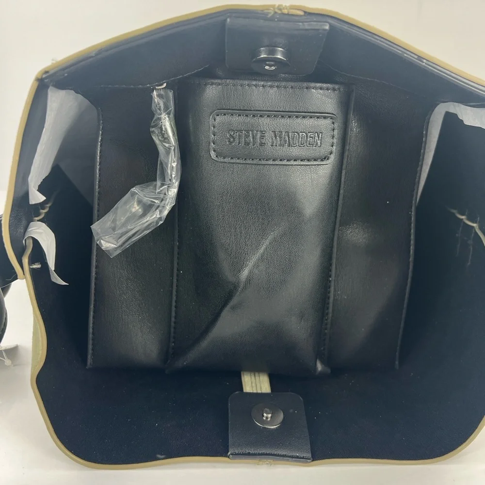STEVE MADDEN FAUX SUEDE, BIMMY BUCKEY SHOULDER BAG, OLIVE COLOR BLACK STRAP